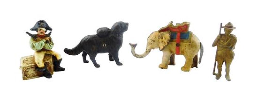 FOUR FIGURAL CAST METAL BANKS