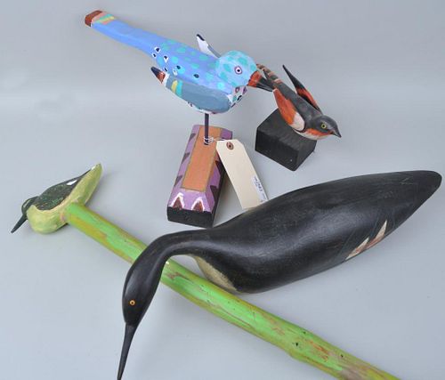 FOUR FOLK ART CARVED & PAINTED BIRD