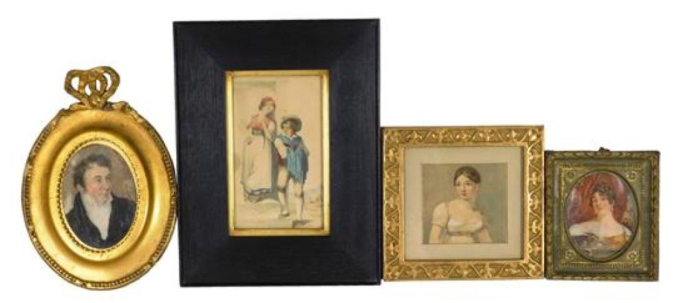 FOUR FRAMED MINIATURE PORTRAITS,