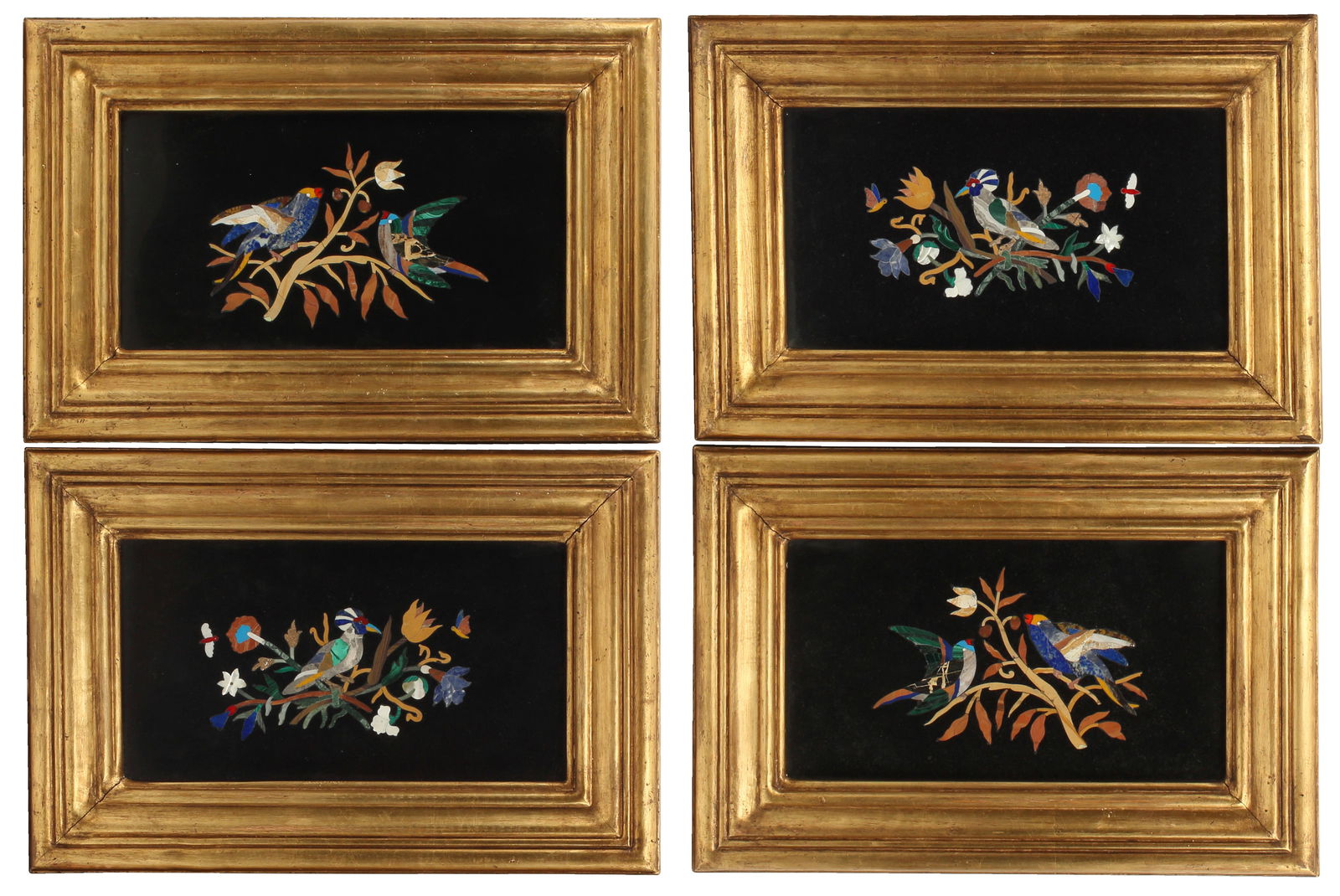FOUR FRAMED PIETRA DURA PLAQUESFour