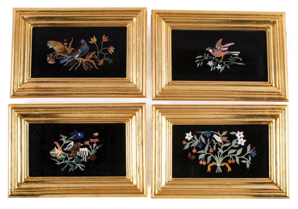 FOUR FRAMED PIETRA DURA PLAQUESFour