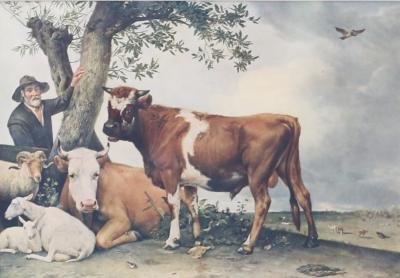 Four framed prints, a watercolour