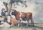 Four framed prints, a watercol