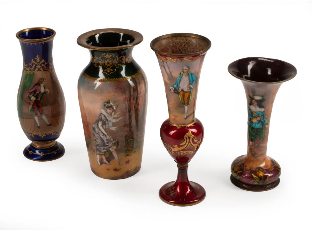 FOUR FRENCH ENAMELED COPPER