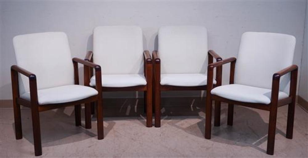 FOUR FRUITWOOD UPHOLSTERED SEAT AND
