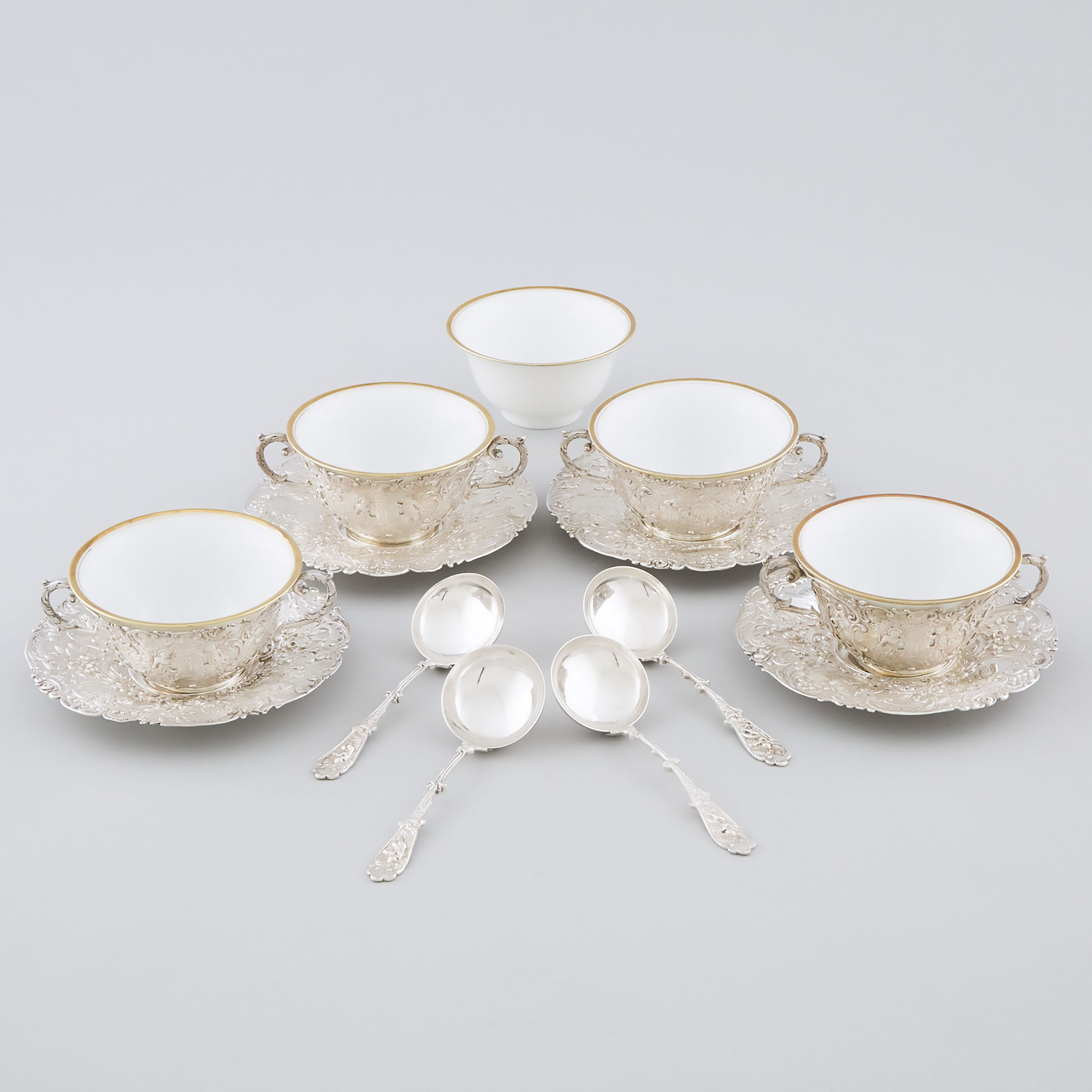Four German Silver Two-Handled Soup