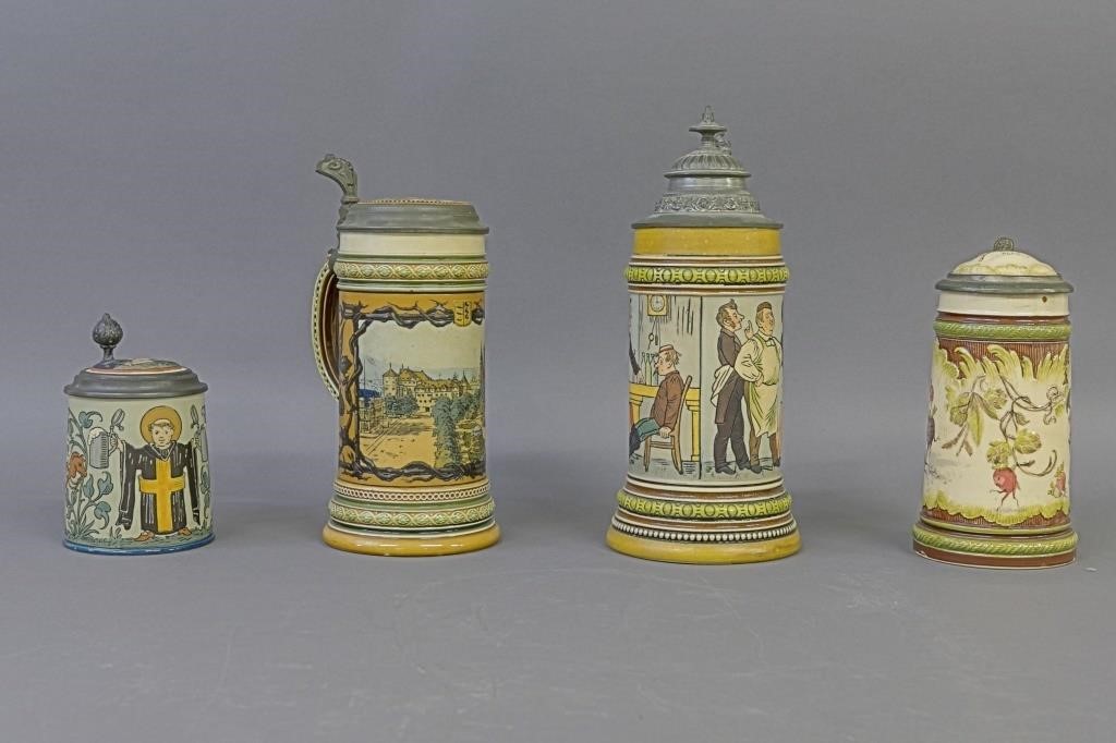 Four German steins with pewter lids