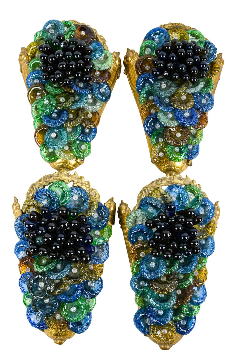 FOUR GILT BRONZE & COLORED GLASS