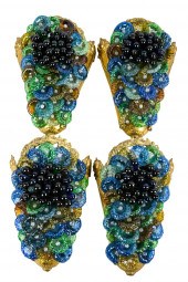 FOUR GILT BRONZE & COLORED GLA