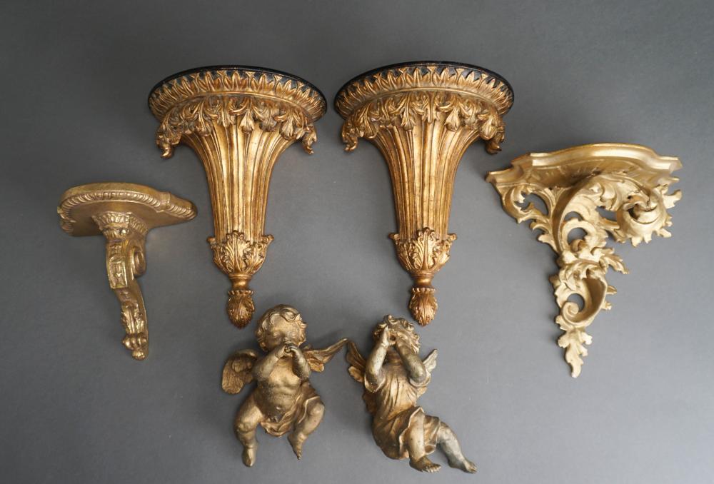 FOUR GILT COMPOSITION AND WOOD WALL