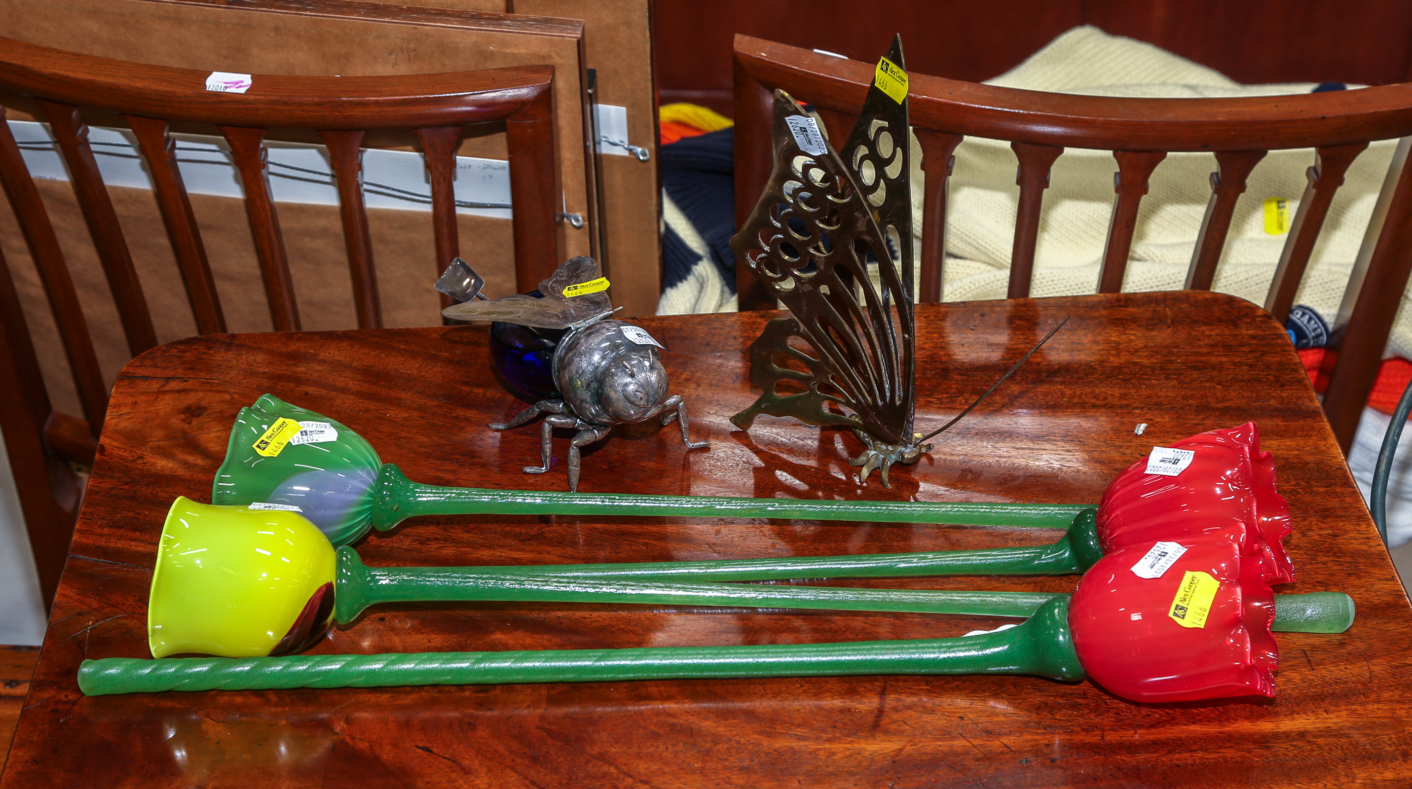FOUR GLASS FLOWERS & A HONEY SERVER