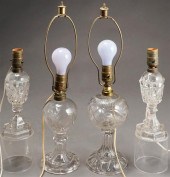 FOUR GLASS OIL LAMPS (ELECTRIF