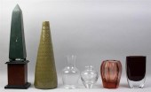 FOUR GLASS VASES, A CERAMIC VA