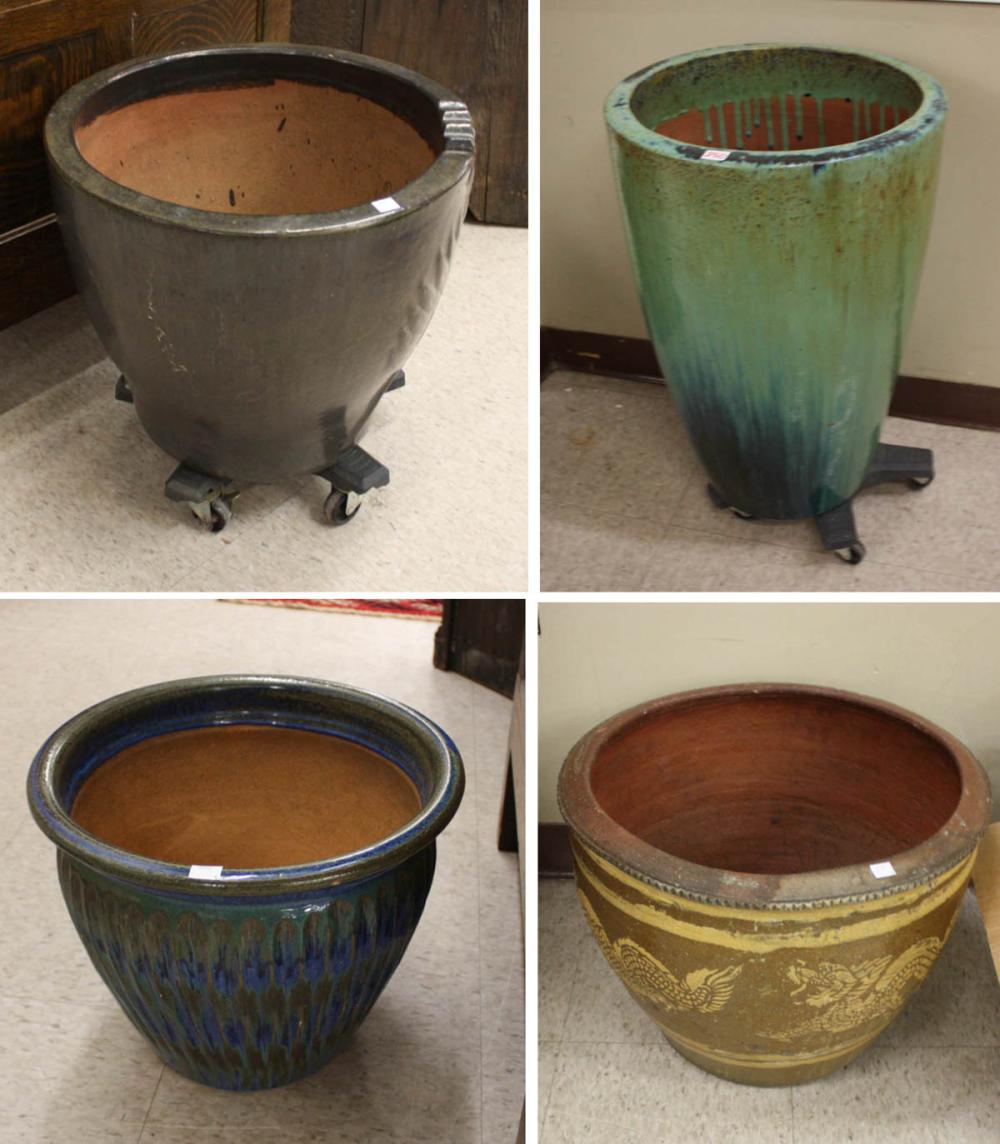 FOUR GLAZED POTTERY PLANTERS: