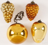 FOUR GOLD KUGEL CHRISTMAS ORNA