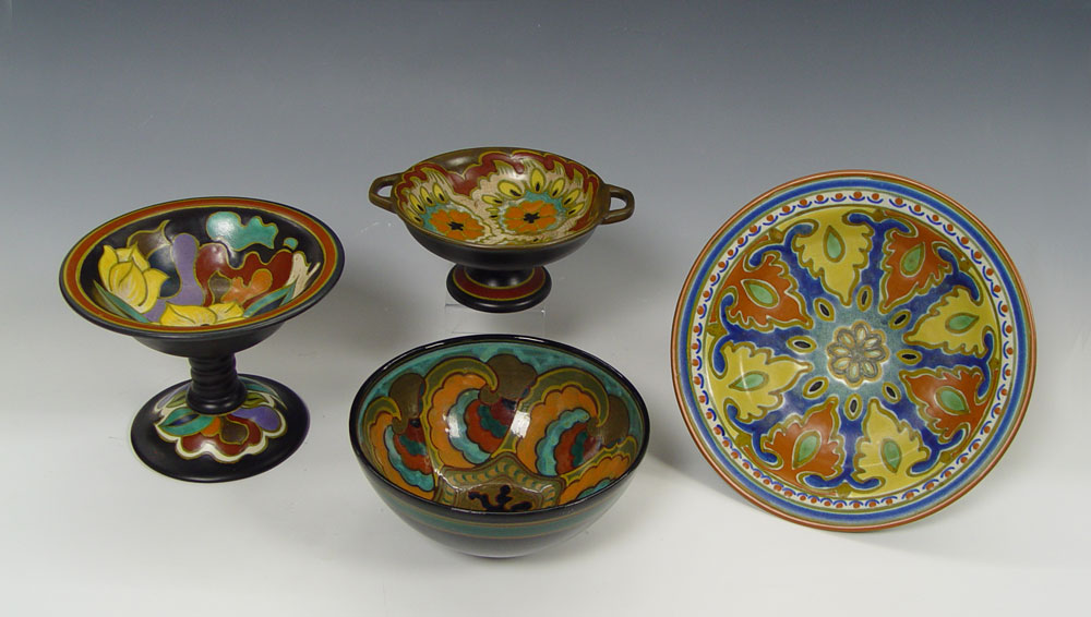 FOUR GOUDA POTTERY COMPOTES AND