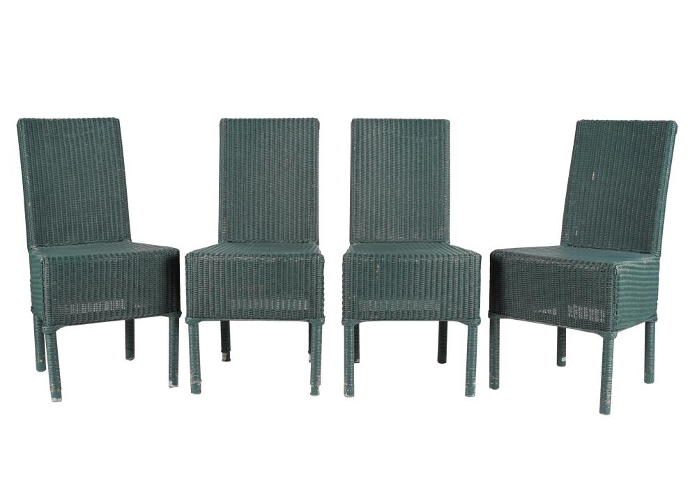 FOUR GREEN-PAINTED WICKER HIGH BACK