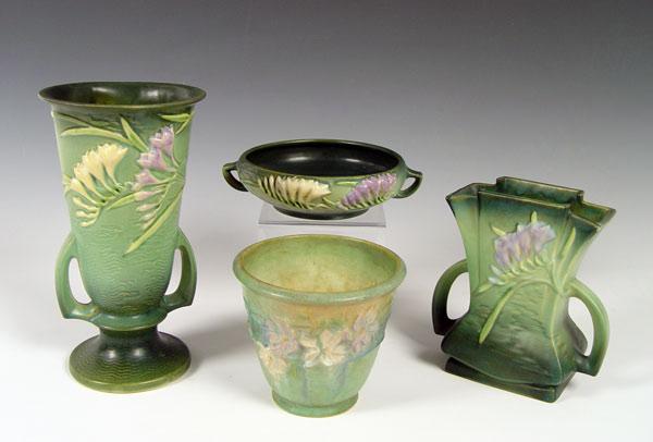 FOUR GREEN ROSEVILLE POTTERY VASES: