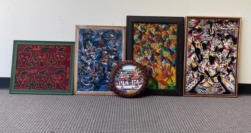 FOUR HAITIAN OIL PAINTINGS AND A