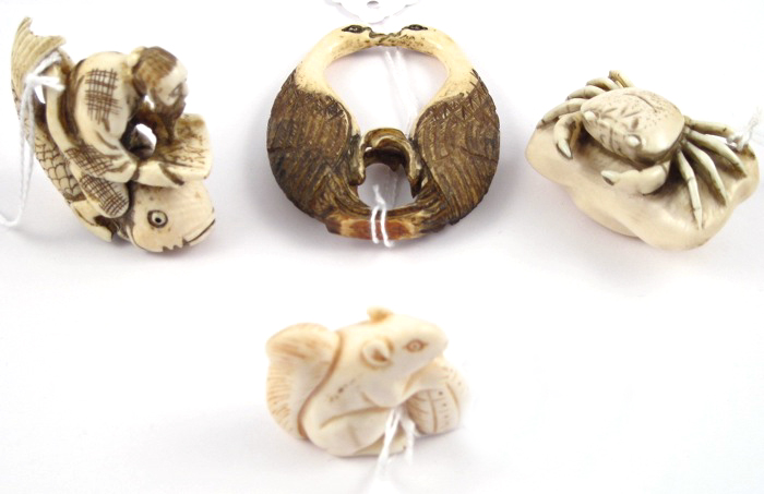 FOUR HAND CARVED IVORY CARVINGS.