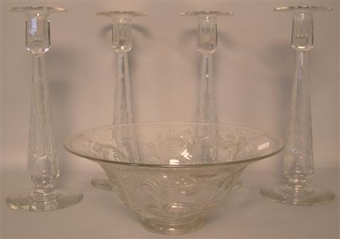 FOUR HAWKES GLASS CANDLESTICKS