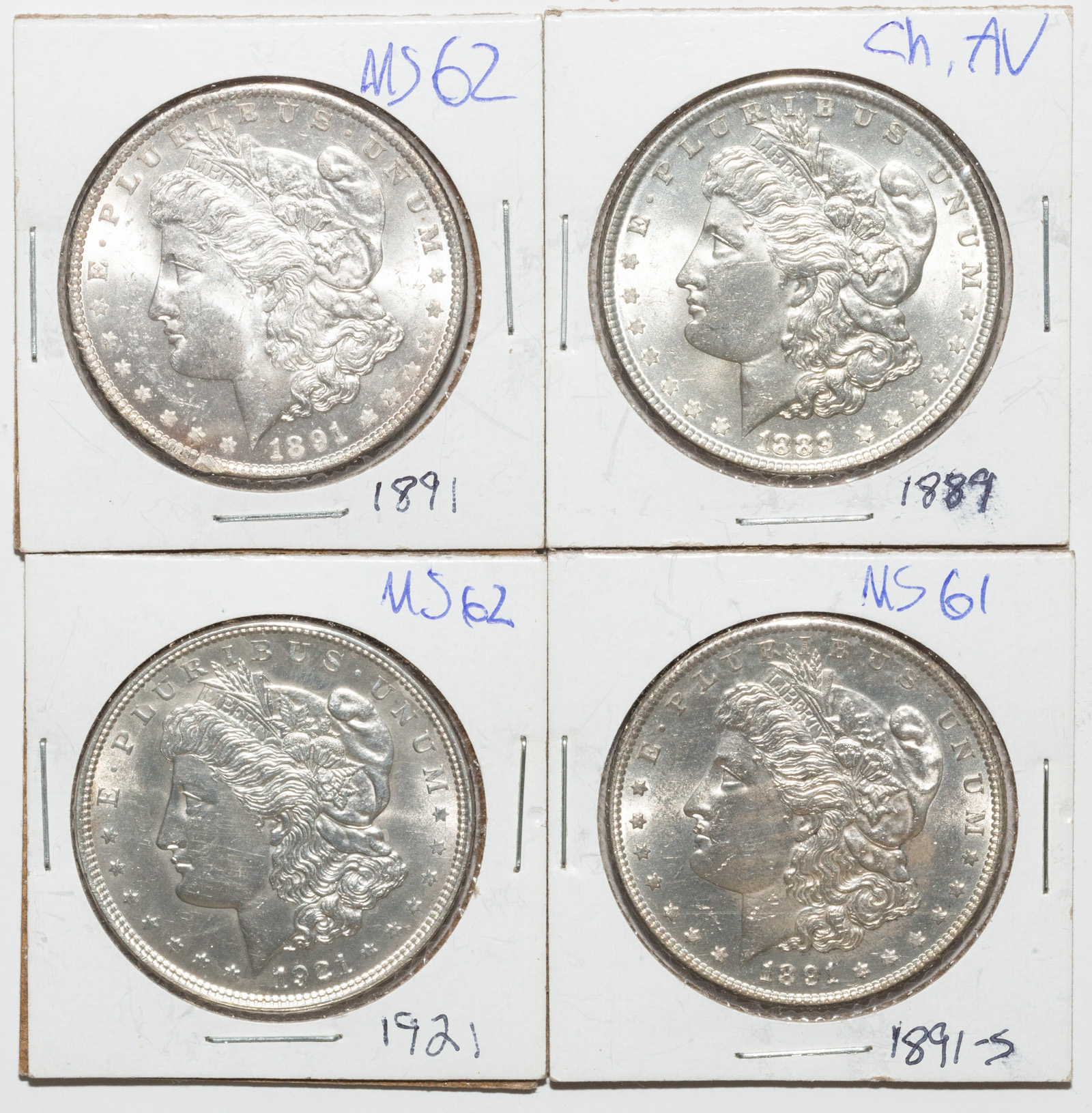 FOUR HIGH GRADE MORGANS AU58-MS62