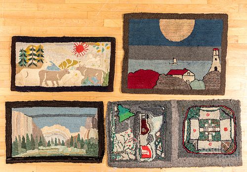 FOUR HOOKED RUGS, 19TH C.Four