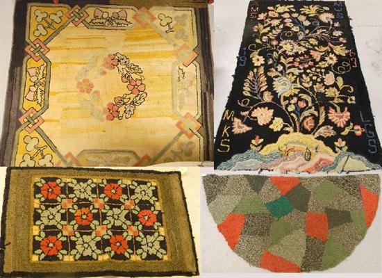 Four hooked rugs  one demilune 