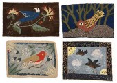 FOUR HOOKED RUGS WITH BIRDS, L