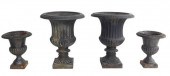 FOUR IRON GARDEN URNS, TWO SIZ