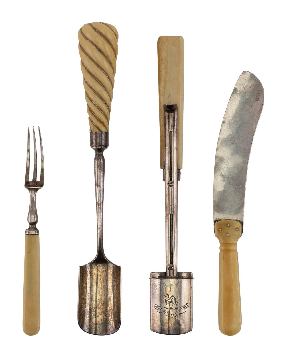 FOUR IVORY AND SILVER SERVING