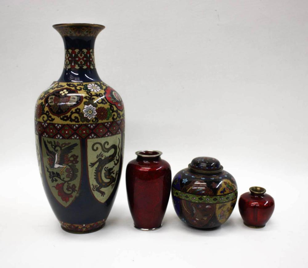 FOUR JAPANESE CLOISONNE VESSELS,
