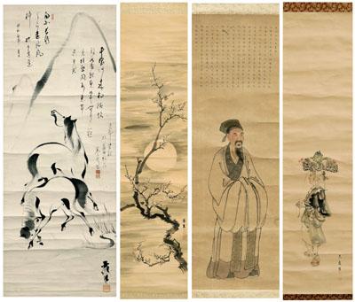 Four Japanese hanging scrolls: