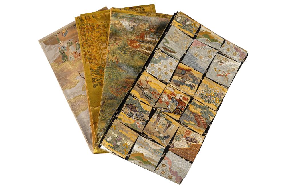 FOUR JAPANESE OBI TEXTILESwith gilt