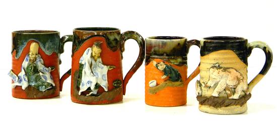 Four Japanese Sumida Gawa ware mugs