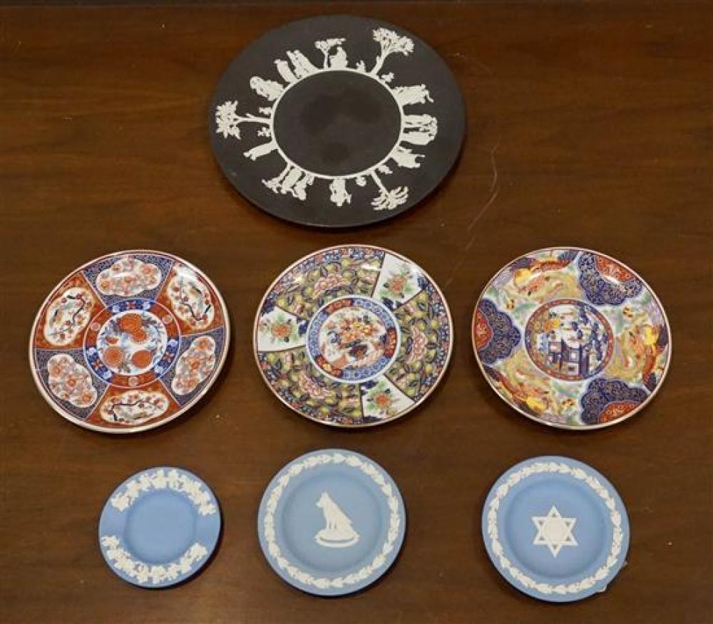 FOUR JASPERWARE PLATES AND THREE