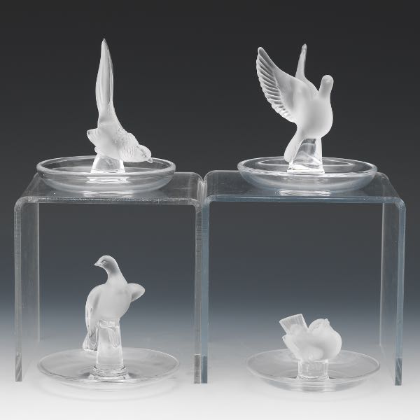 FOUR LALIQUE BIRD RING HOLDERS  