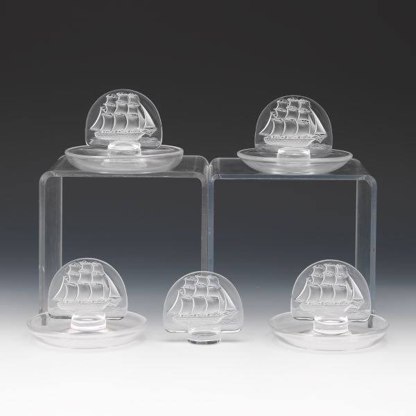 FOUR LALIQUE GLASS PIN/RING HOLDERS