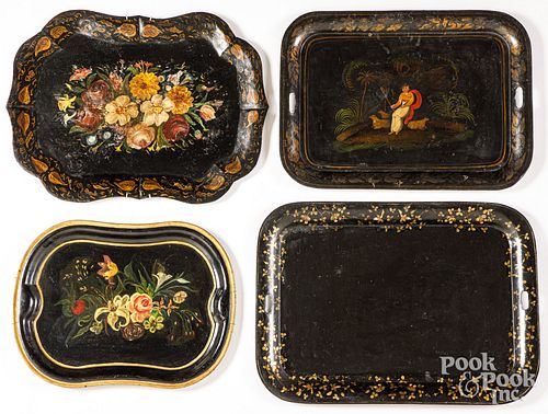 FOUR LARGE PAINTED TIN TRAYSFour