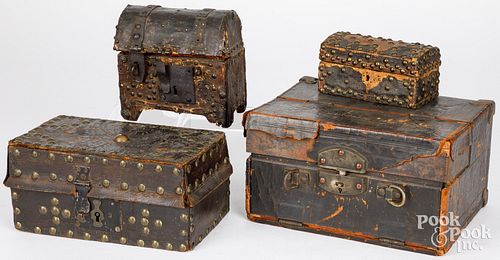 FOUR LEATHER COVERED BOXES, 19TH
