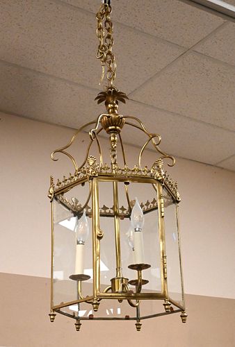 FOUR LIGHT BRASS AND GLASS