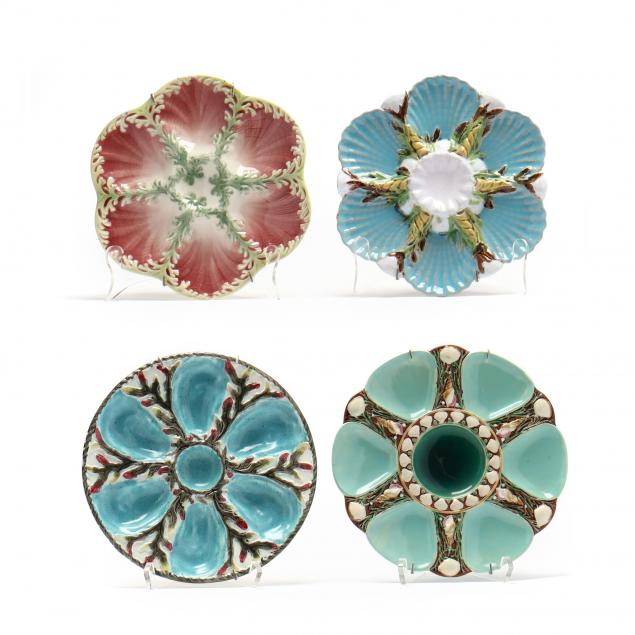 FOUR MAJOLICA OYSTER PLATES Early