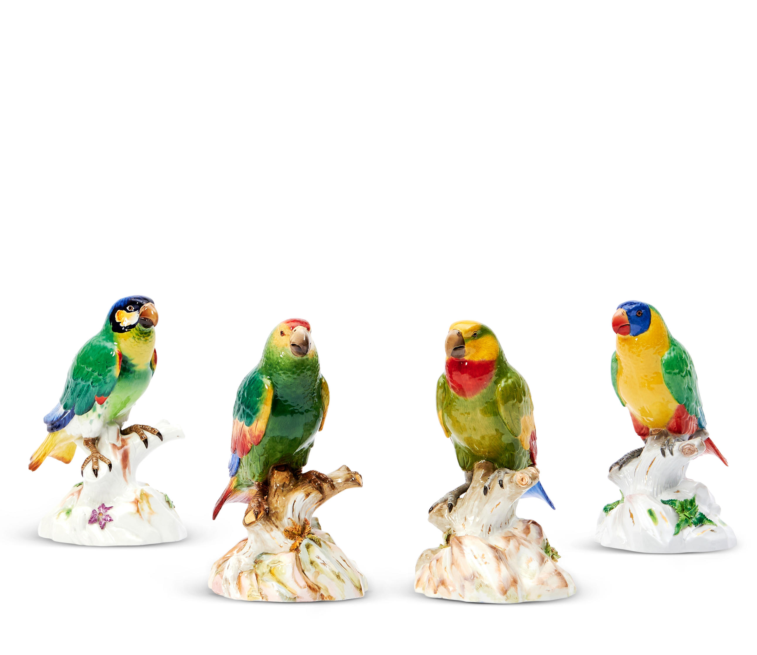 FOUR MEISSEN PORCELAIN PARROTS,