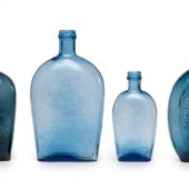 Four Molded Glass Aqua Flasks