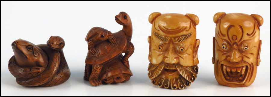 FOUR NETSUKE. 2 ivory and 2 boxwood