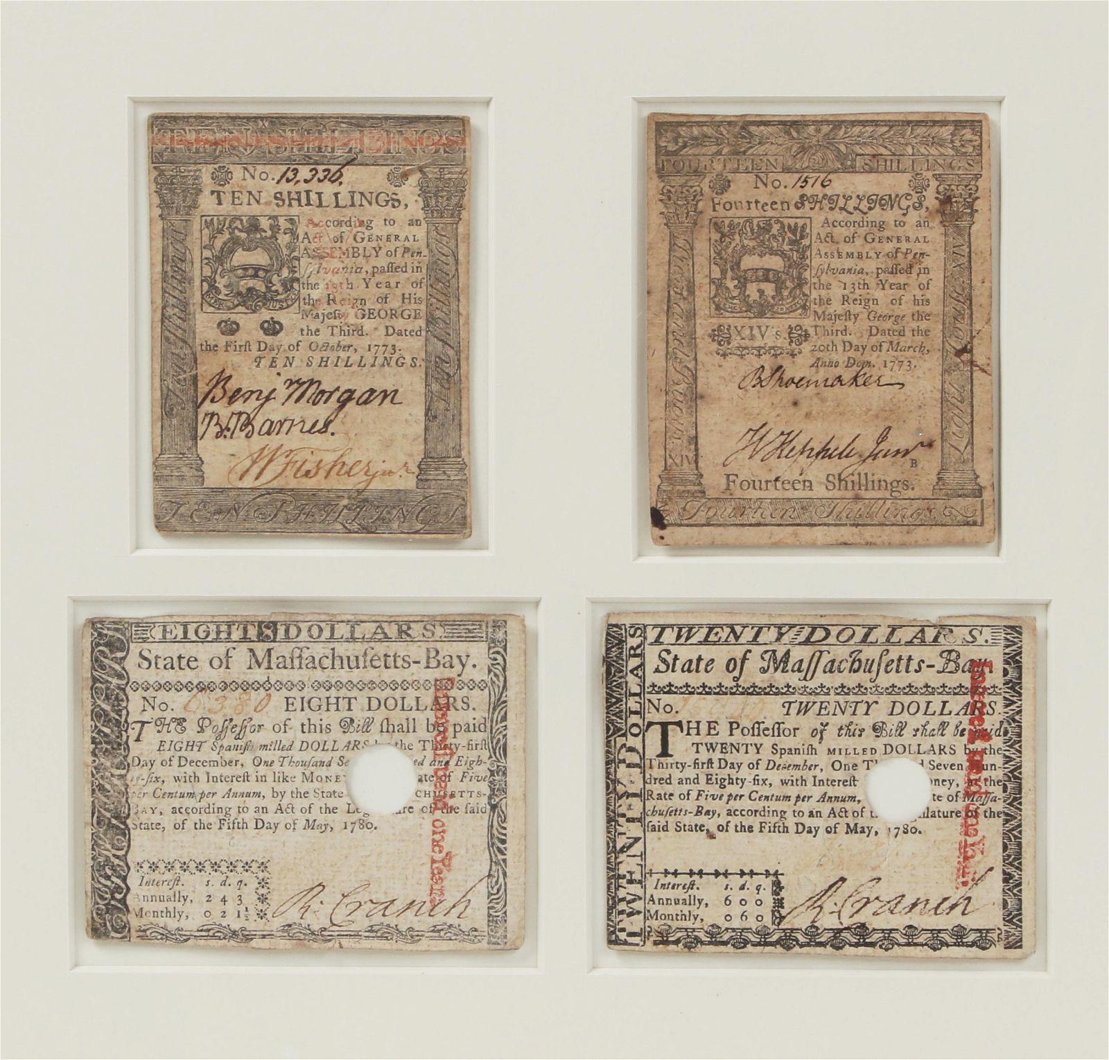 FOUR NEW ENGLAND COLONIAL BANK NOTE