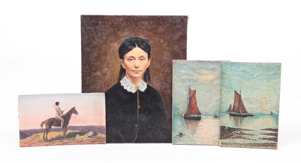FOUR OIL ON CANVAS PAINTINGS.