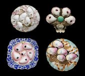 FOUR OYSTER PLATES, GILT ACCEN