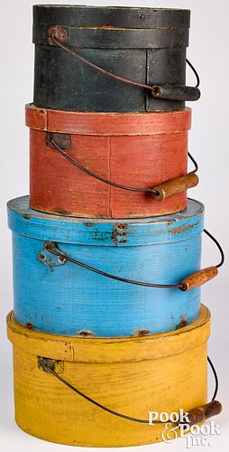 FOUR PAINTED BENTWOOD PANTRY BOXES,