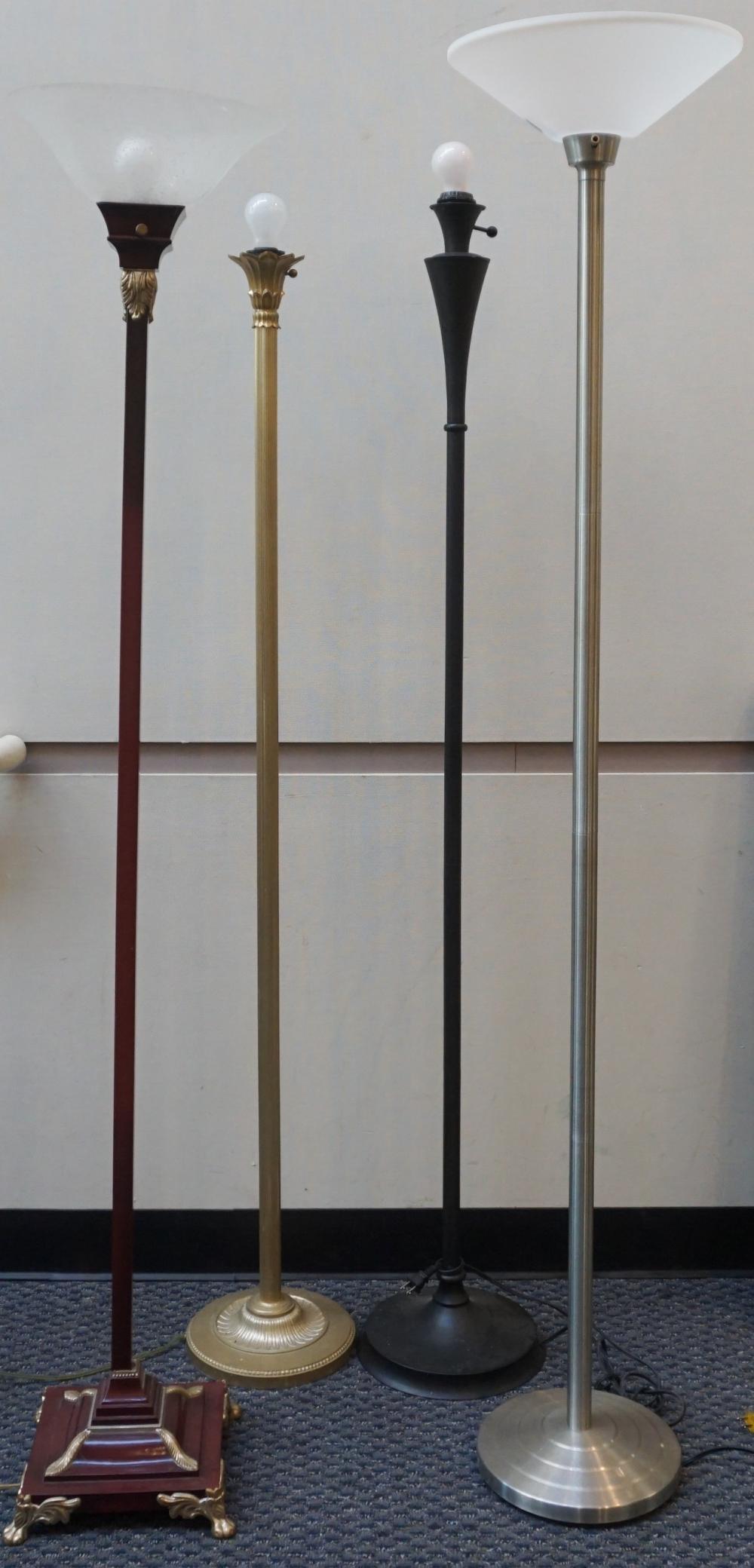 FOUR PAINTED, PATINATED AND BRASS